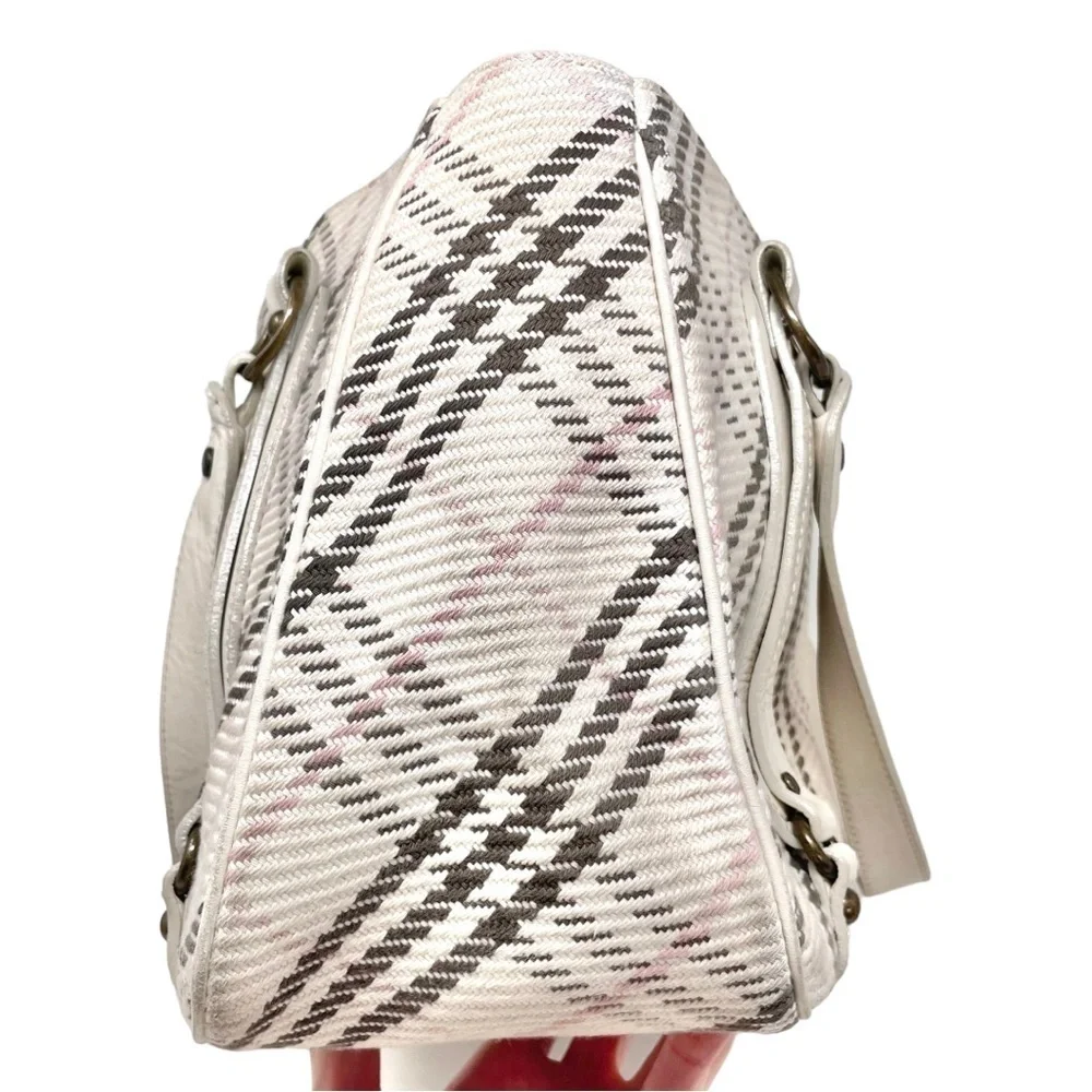 Y2K Burberry Blue Label Cream Cotton and Leather Plaid Satchel Shoulder Bag - Picture 6 of 15